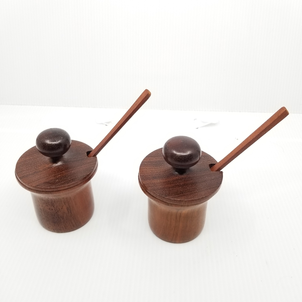 Primitive Farmhouse Condiment Spice Salt Pepper Wooden Set With Spoon‎ - Picture 3 of 10